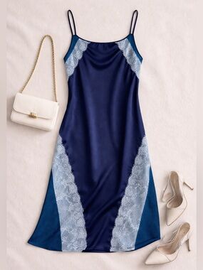 Ramy Brook Satin Slip Midi Dress Lace Panel Navy Size 8